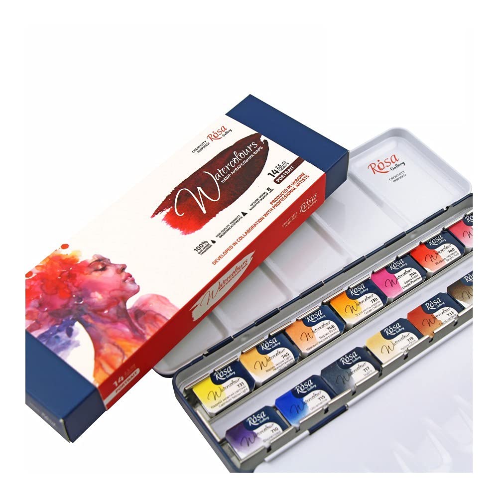 Rosa Gallery Aquarellfarben-Set, Portrait-Palette, volle Pfannen, 14 Farben, Metallgehäuse, extra feine professionelle Aquarellfarben