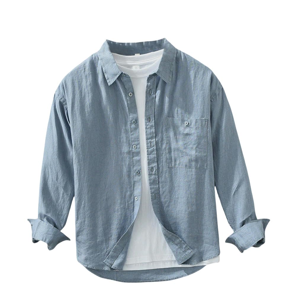 Spring - Camisa de lino para hombre, holgada, transpirable, informal, de manga larga, color liso