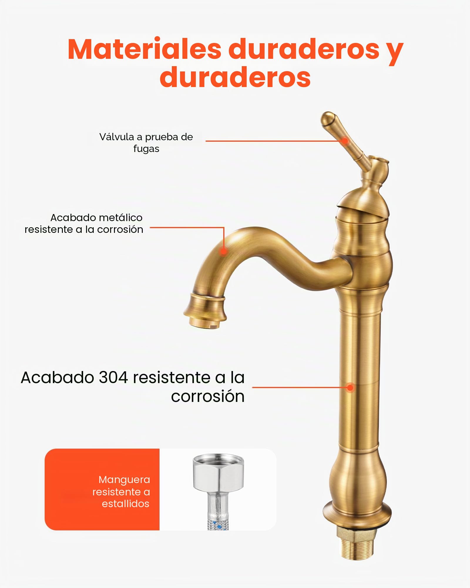 VEVOR Grifo Monomando para Lavabo con Botón Pulsador, Grifo para Fregadero de Cocina, Mezclador Monomando para Baño, Fregadero de Caravana, Carcasa de Latón, Dorado Antiguo, 395 x 220 x 62 mm