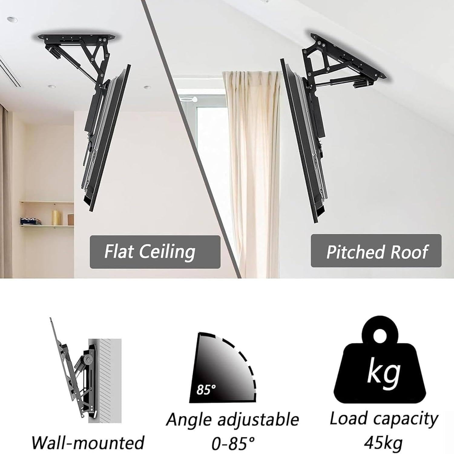 Supporto TV a soffitto motorizzato Ribaltabile, Supporto TV telescopico motorizzato con Sollevamento Automatico, Supporto TV Elettrico a soffitto, capacità di carico 45 kg/80 kg 50-75Inch
