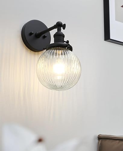 Miniatura 7 de PERMO Aplique de pared industrial vintage con mini pantalla de cristal acanalado redonda transparente de 5.9 pulgadas (negro)