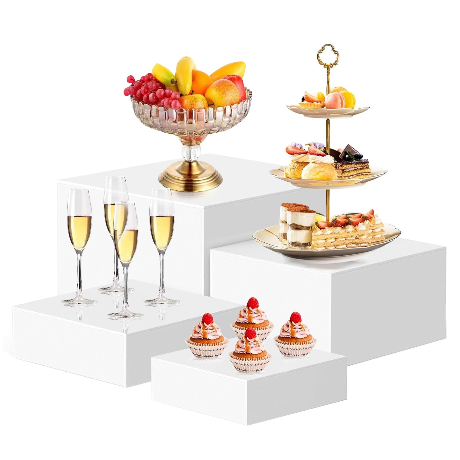 KLerDH Dessert Stand, 6PC White Acrylic Buffet Risers - Food Display Stands with Hollow Bottoms for Party, Dessert(4PC)