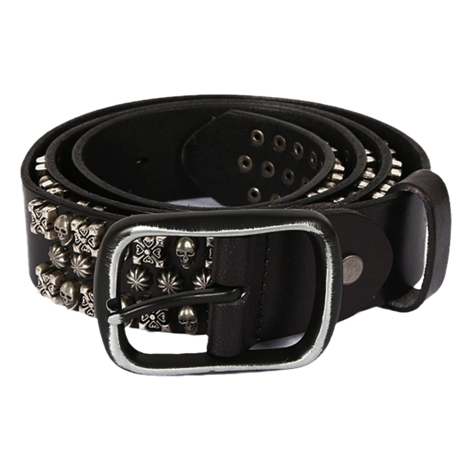 YOPADO Punk Rock Studded Belt for Men/Women Three Row of Skull & Rivet Cross Flower Spikes Handcrafted Cowhide Leather Belts(105cm/waist:35