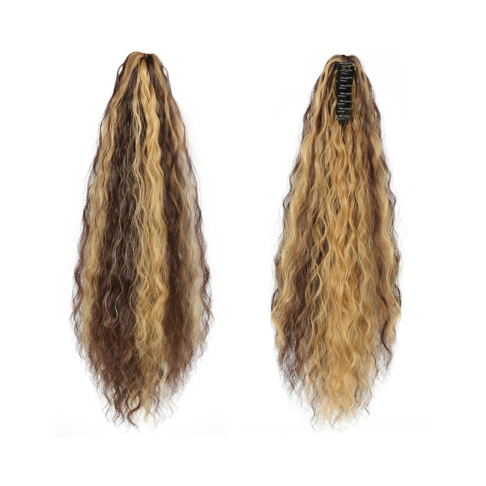 FDEETY 56cm Extensiones de Clip de Pelo Natural Largo Ondulado Wavy Ponytail Extension de Hilo Invisible Cola de Caballo Extensiones Sintético Natural Rizado para Mujer (Castaño Oscuro&Rubio)