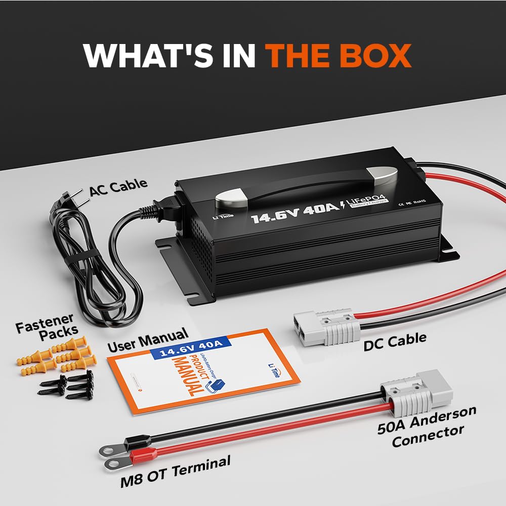 LiTime Cargador de Batería 40A LiFePO4 Litio 14.6V - Cargador Inteligente para Baterías LiFePO4 12V/12.8V – con Indicador LED, Interruptor de Encendido/Apagado y Conector Anderson (CA-CC)