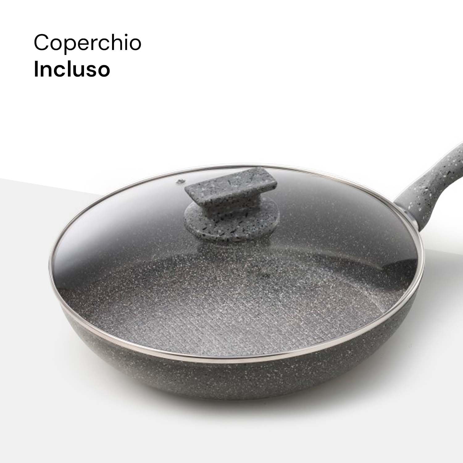 Avilia Padella ad Induzione Antiaderente con Coperchio - Effetto Pietra, Cottura Senza Olio, Manico Ergonomico Soft-Touch, Ottima per Carne, Pesce e Verdure, 20cm, Made in Italy