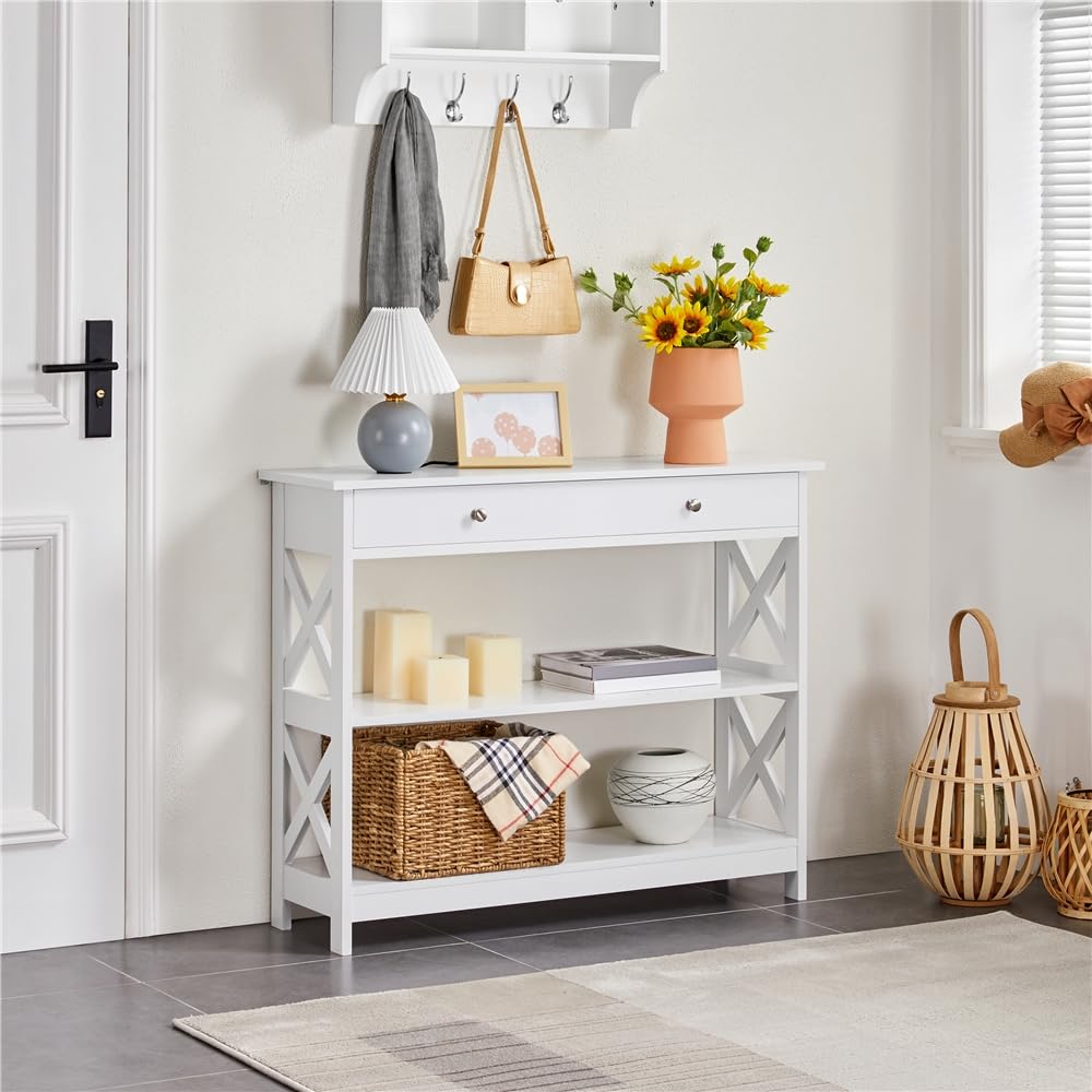 Yaheetech Konsolentisch, Flurtisch mit Schublade und 2-stufigen Ablagefächern, Beistelltisch Holz, Sofatisch mit stabilem X-Rahmen, für Eingang, Flur, Wohnzimmer, 100 x 30 x 80 cm, Weiß