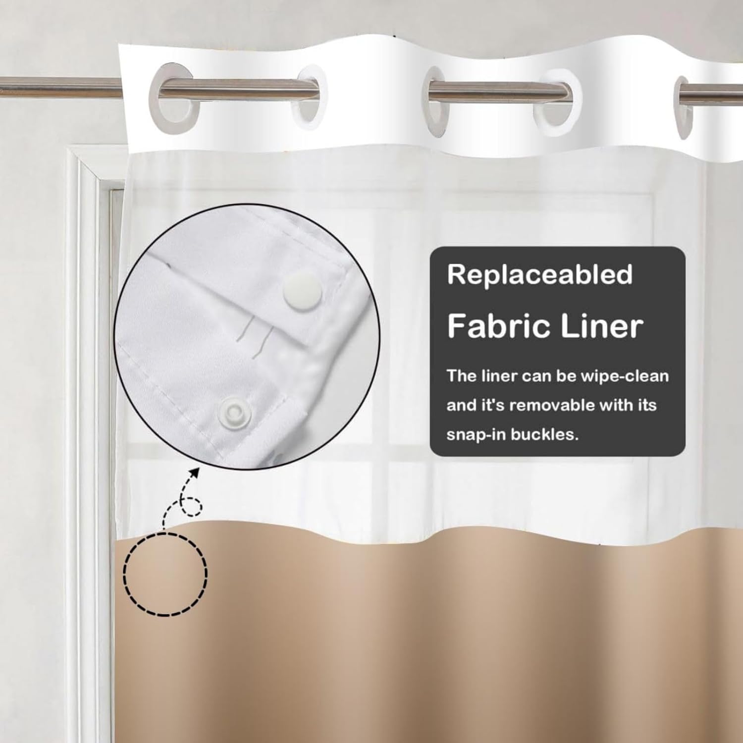 No Hook Ombre Beige Brown Shower Curtain 71x74 Inch, Double Layer Water Proof Bath Curtain with Snap-in Liner, See Through Top Window, Hotel Style Luxury for Bath, Easy Machine Wash