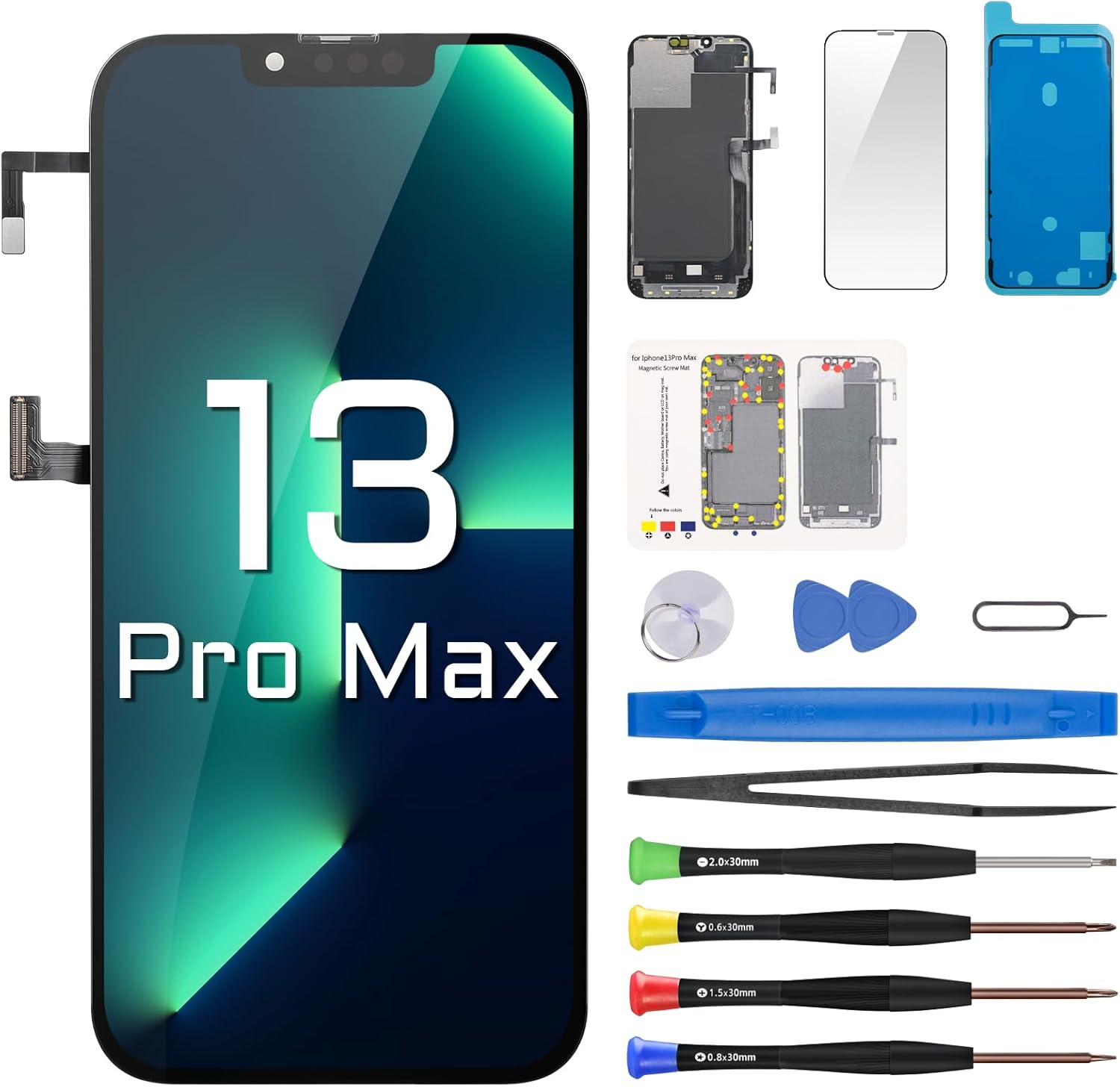 for iPhone 13 Pro Max Screen Replacement with Earpiece Flex Cable Proximity Sensor LCD Touch Display Digitizer Full Assembly with Front Glass Repair Tools Kits A2484 A2641 A2643 A2644 A2645