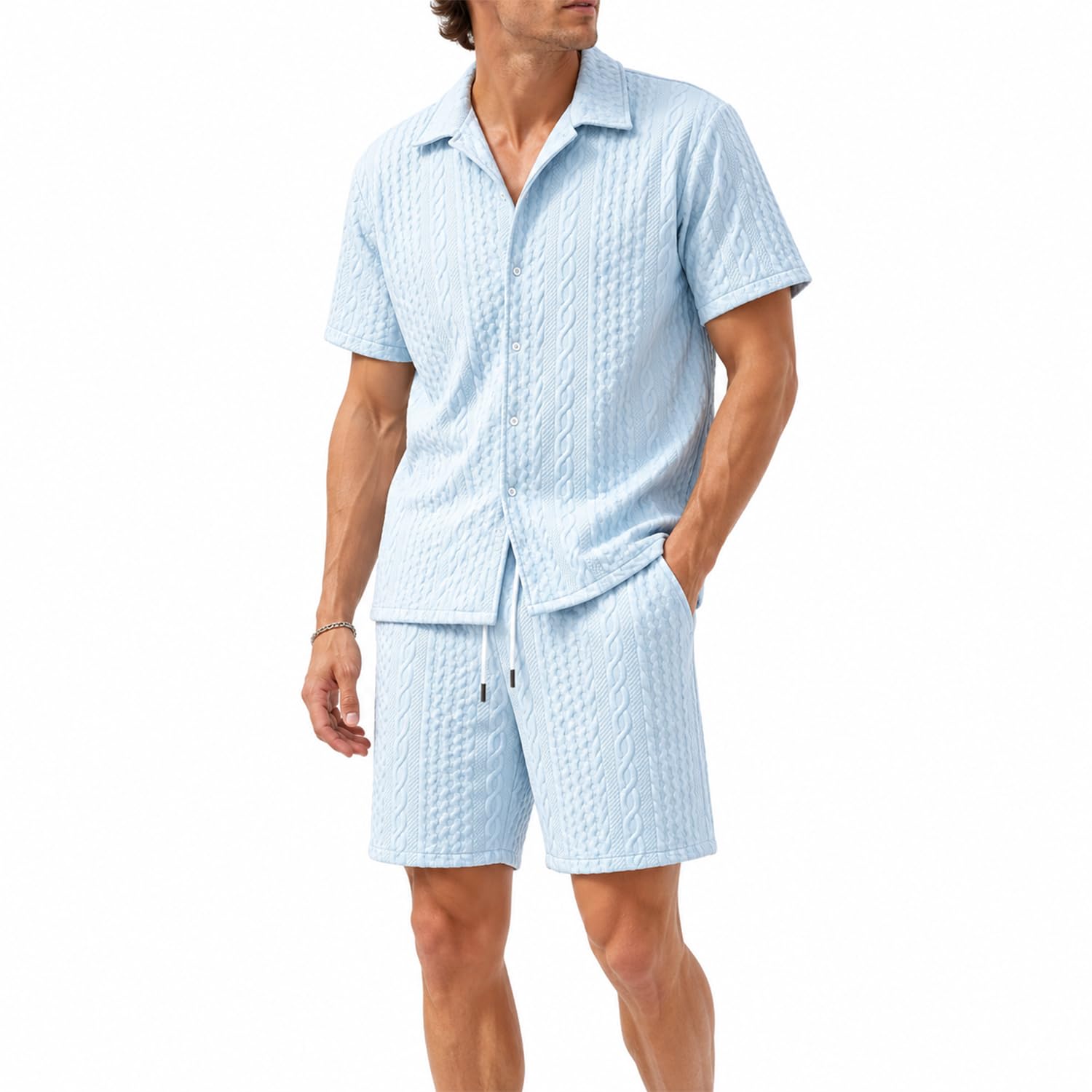 FARVALUE Men Raised Texture 2 Piece Set Short Sleeve Button Down Shirt &amp; Drawstring Pocket Shorts Summer Beach Casual Outfit