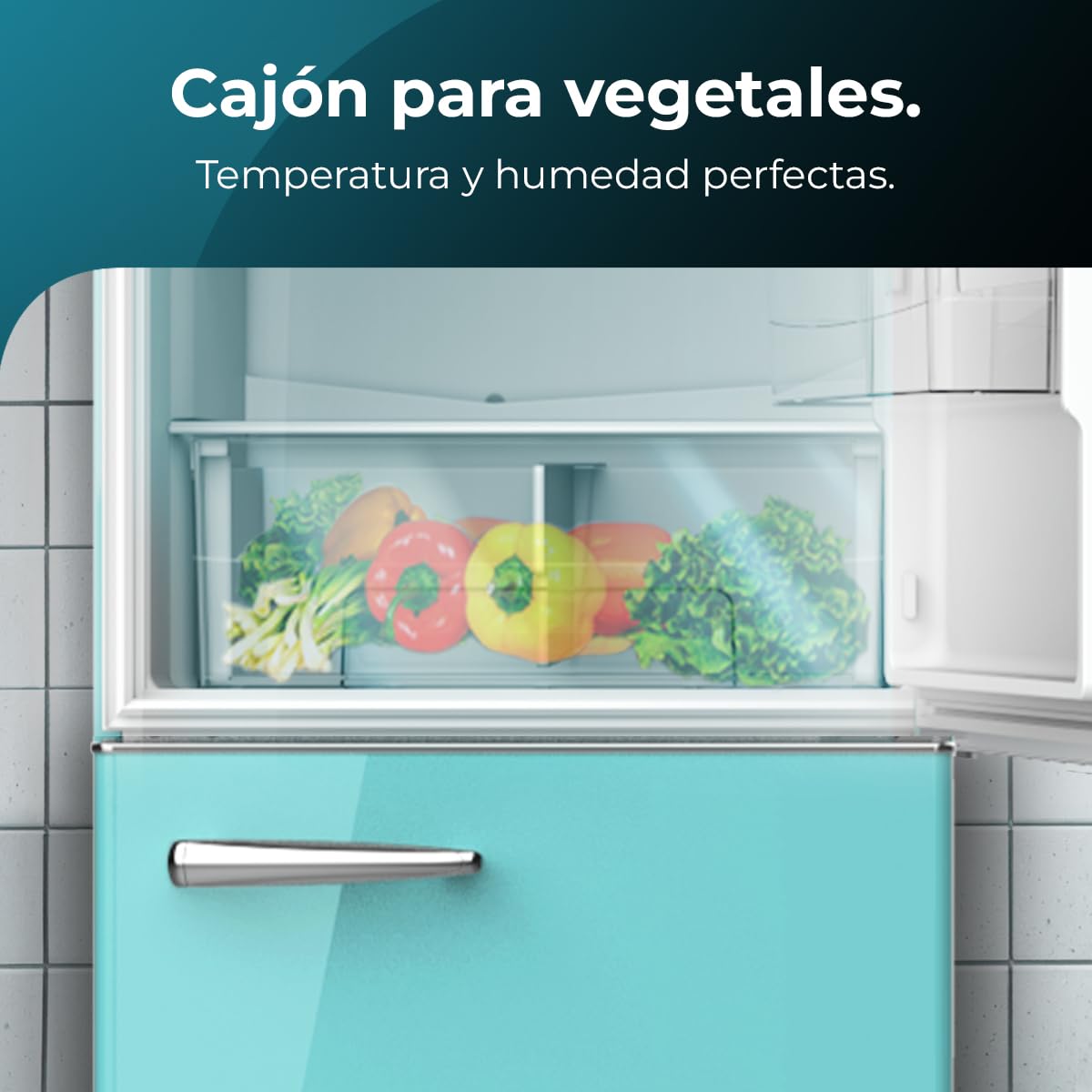 Cecotec Lodówko-zamrażarka w stylu retro, 300 l, bolerko, CoolMarket Combi Origin 300 Green E, klasa E, oświetlenie wewnętrzne LED, Crisper Box, regulacja temperatury, chromowany uchwyt i szklane