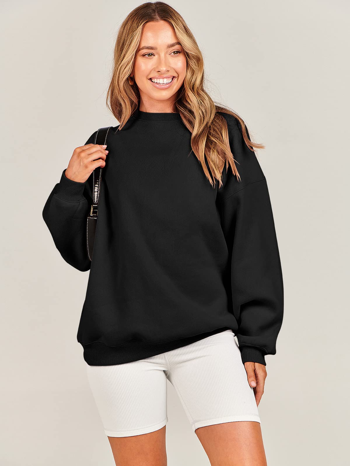Damskie bluzy oversize bluzy z kapturem polar okrągły dekolt sweter top codzienne jesienne stroje preppy ubrania nastolatki 2024 A1019 światło, Jeden kolor, Black_X-Small