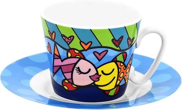Britto Romero Bone China Espresso Cup & Saucer, 3.3 oz, Deeply In Love, Fish Artwork Design