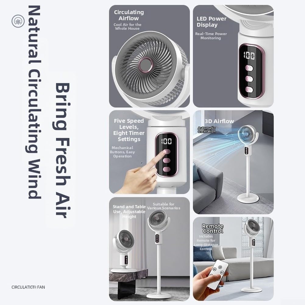 Ventilador de suelo de circulación de aire, 3 tamaños, ventilador silencioso recargable por USB, oscilación de 180 grados, motor silencioso sin escobillas, control remoto para oficina en casa (modelo