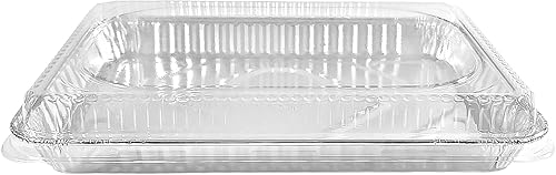 PACTOGO Bandeja de papel de aluminio para tartas de tamaño 14 con tapa de cúpula baja transparente, 12.75 pulgadas de largo x 8.75 pulgadas de ancho