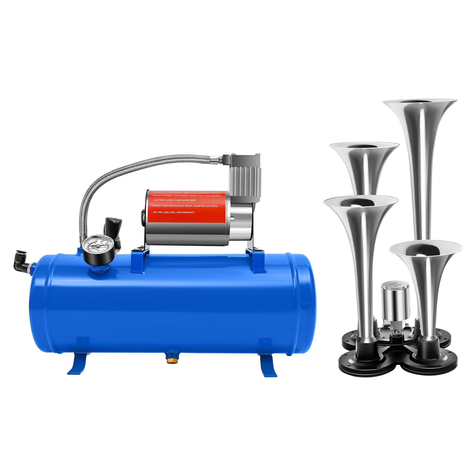 Compresor de aire de 12 V con kit de 4 bocinas de aire Trumpet Train 150PSI con depósito de 6 L para vehículos, motores de automóviles, bicicletas, neumáticos, pelotas, juguetes y barcos, color azul