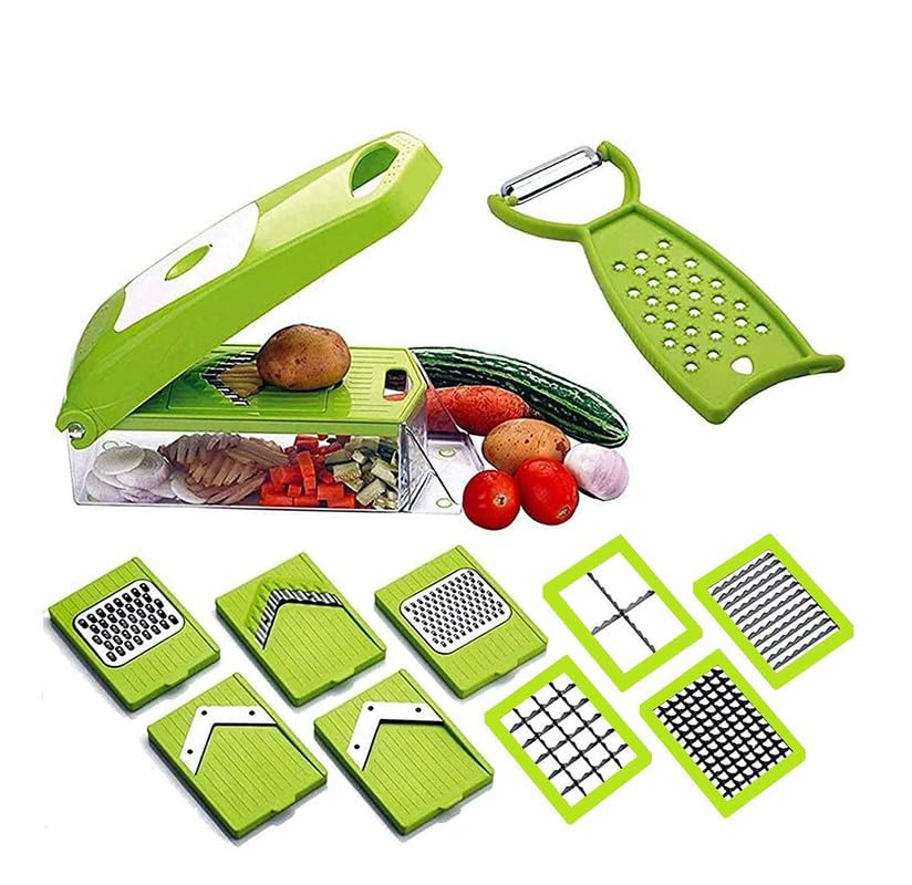 Drashti Villa Vegetable Chopper Mandoline Slicer Cutter Chopper 12 in 1 Interchangeable Blades with Colander Basket and Container by GIB Cleaningtool
