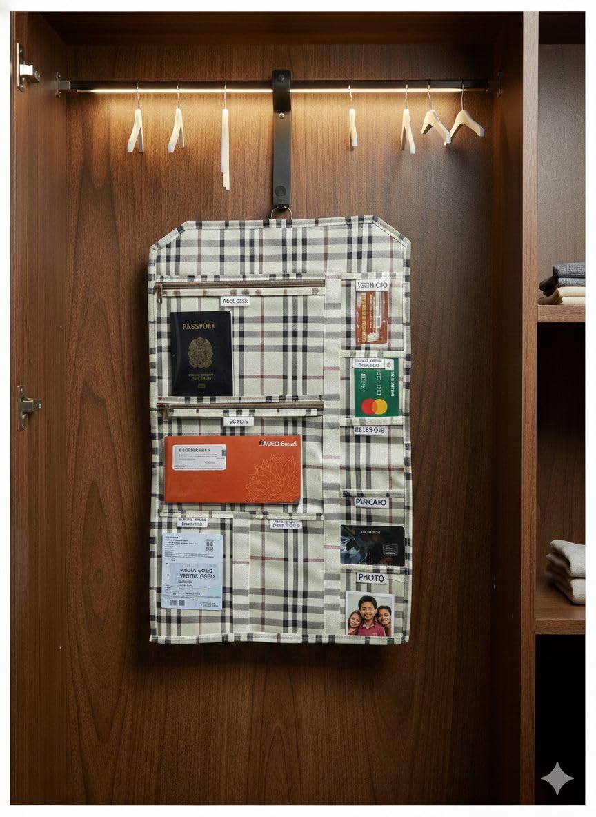Multi-Pocket Wall & Wardrobe Hanging Document Organizer | 10 Pockets for Passport, Aadhaar, PAN Card, Passbook & Bank Cards | Space-Saving Home & Travel Document Manager (Checkered Design) 4