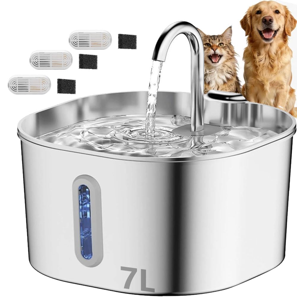 WSGDSG 7L Quiet Dog Water Fountain with 3-Set Filters, Stainless Steel