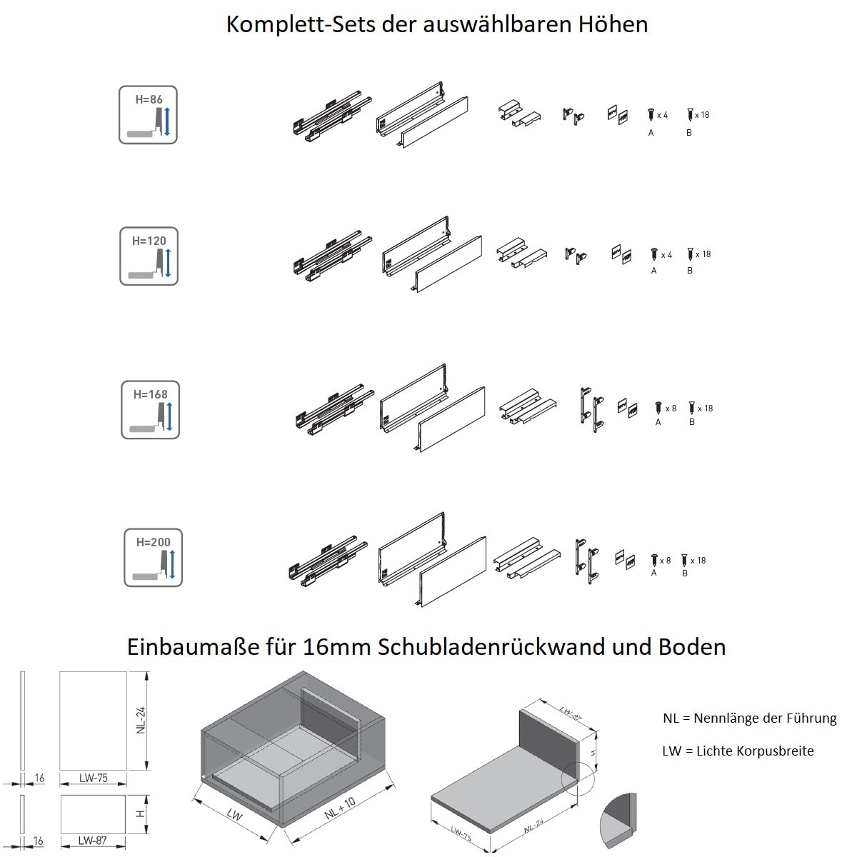 MS Beschläge Stahl Schubkastensystem Weiß Schubladen-Set Schubladensystem 40kg Traglast Unterflurführung Vollauszug Soft Close Schubladenauszug (Länge: 500mm, Höhe: 86mm)