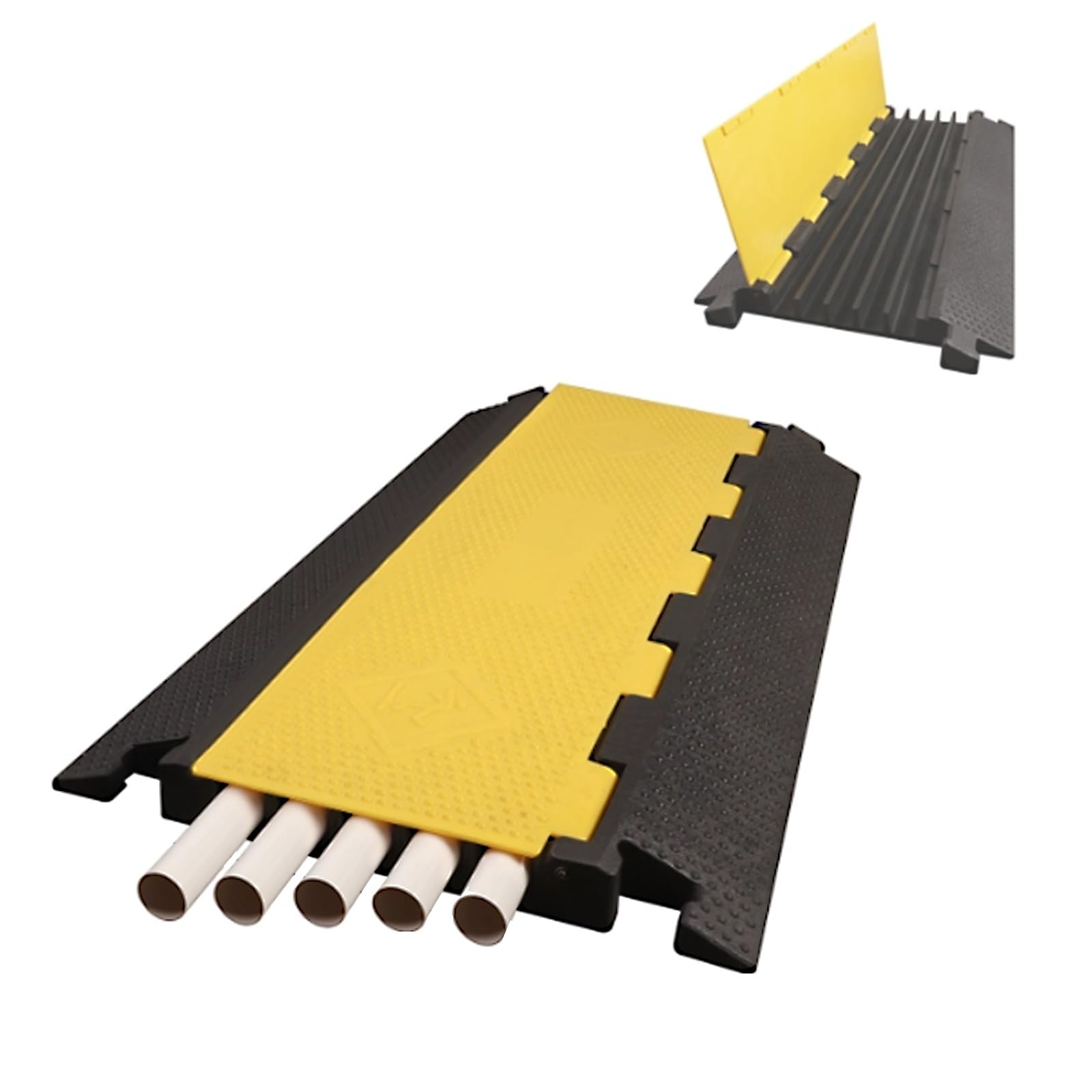 Protector Cable de 90 Cm, Paquete de 5 Pasacables Suelo, Badenes de Goma de PVC, Capacidad de 500 Kg con Tapa Abatible para Ocultar Cables, Mangueras y Tuberías