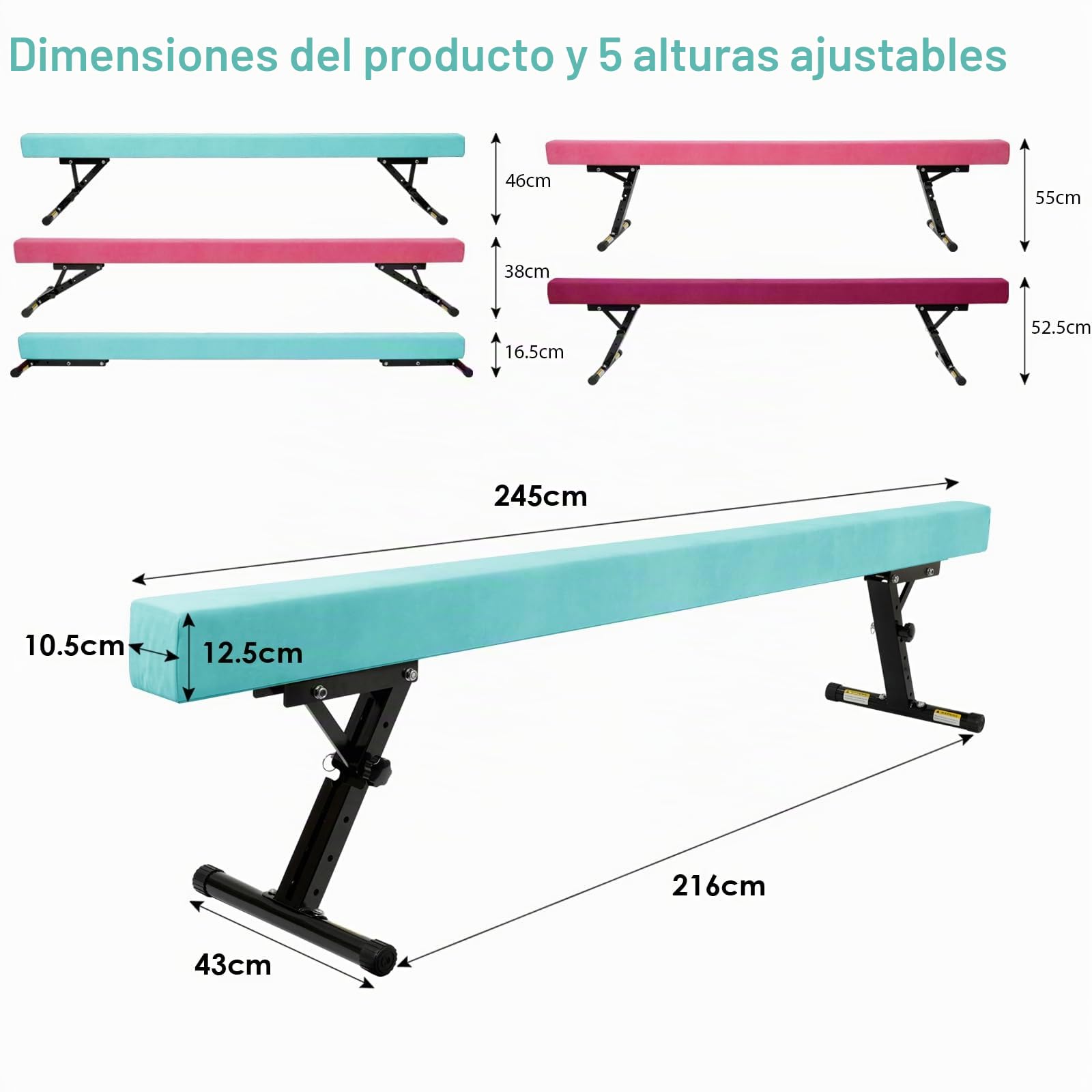Barra de Gimnasia para Niños 245 cm Barra de Equilibrio 5 ajustes de Altura. (Verde)