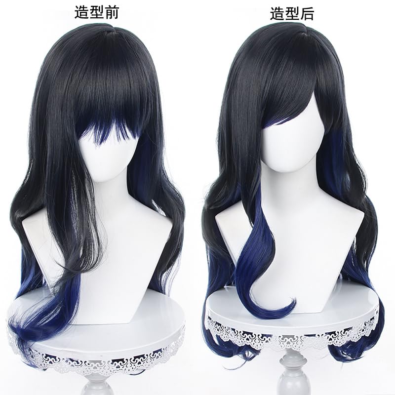 Miniatura 2 de Pelucas largas de cabello negro y azul mezclado con flequillo para fiesta de Navidad de Halloween para mujeres