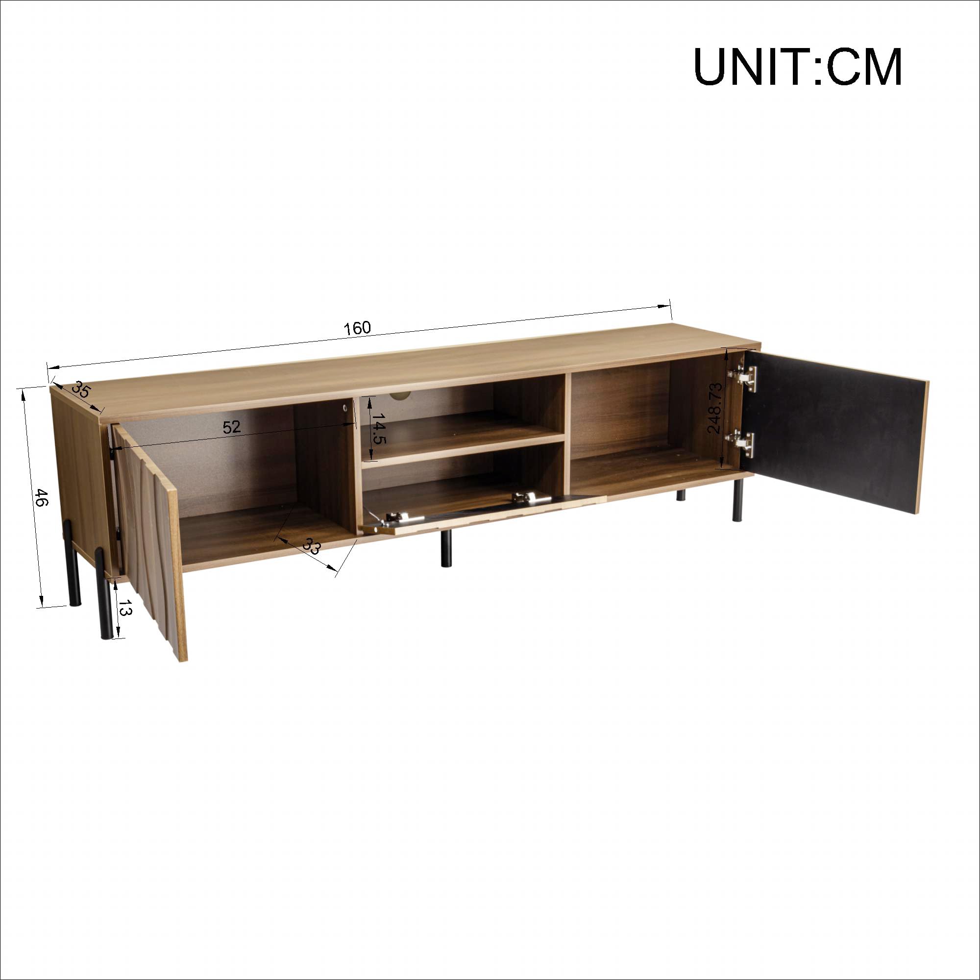 Mueble de TV de 160 cm con 3 puertas y espacio de almacenamiento, con gestión de cables, en madera natural