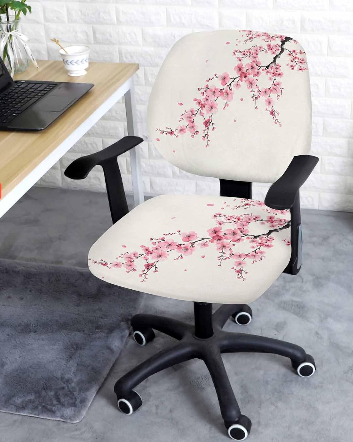 Cherry Blossoms Office Chair Cover Stretchable Computer Chair Seat Cover Backrest Slipcovers, Pink Spring Floral Rustic Burlap Stretchable Rotating Desk Chair Seat Cushion Split Protectors