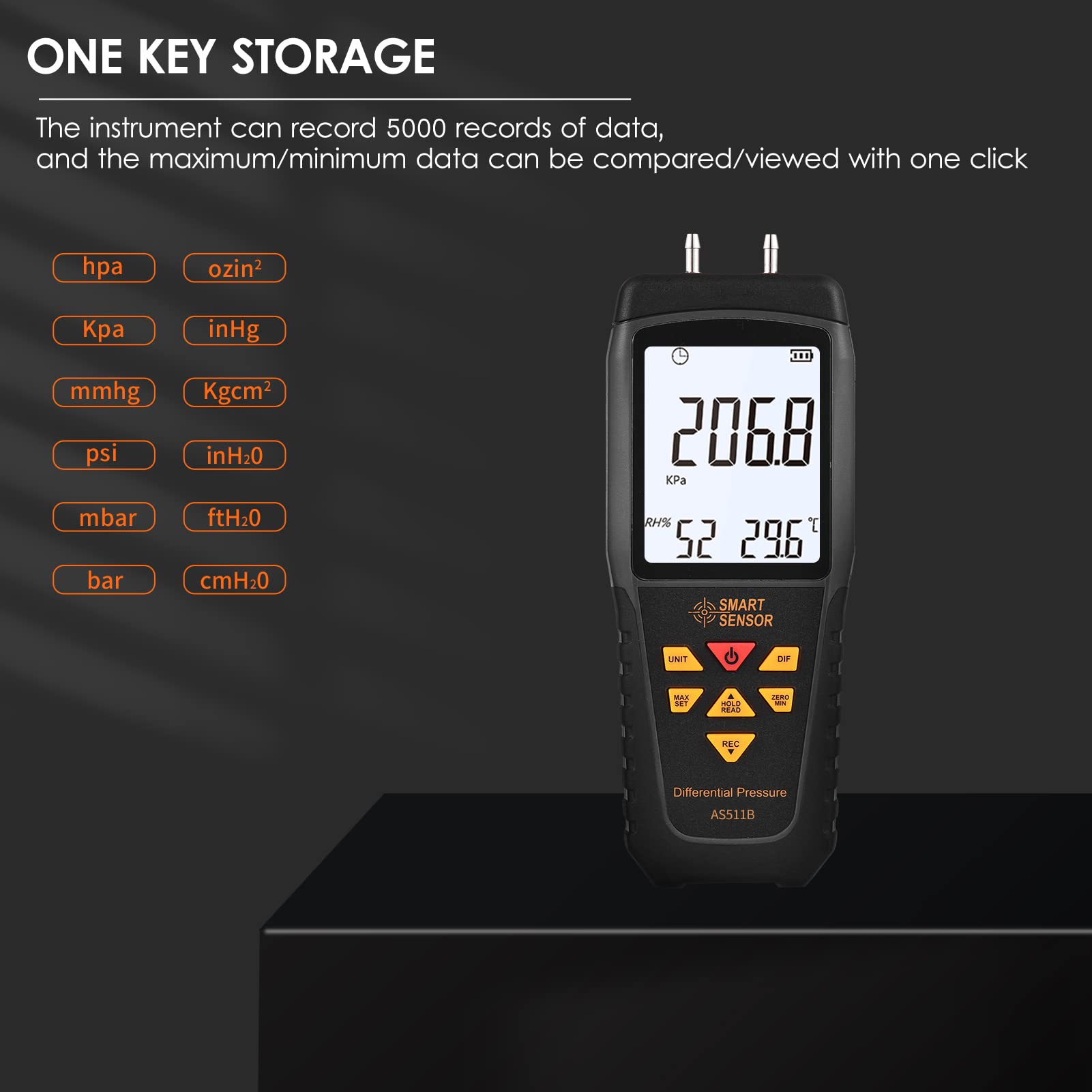 AS511B Digitales Differenzdruckmessgerät -206,8~206,8 KPA Manometer Luftgasdruckprüfgerät mit zwei Anschlüssen und LCD-Display mit Hintergrundbeleuchtung