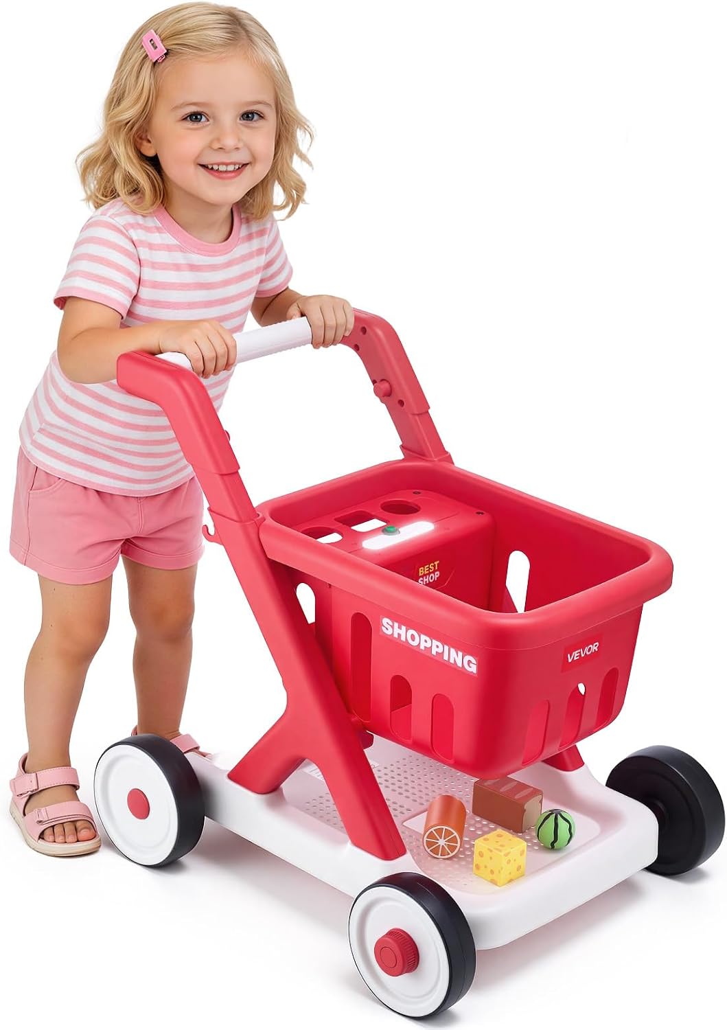 VEVOR Scan & Sort Kids Shopping Cart, for Kids 2+, Toy Shopping Cart with Pretend Food, Lights & Sound, Pretend Play Grocery Store Toy Trolley, Adjustable Height Baby Push Walker, for Toddlers Ages 2+