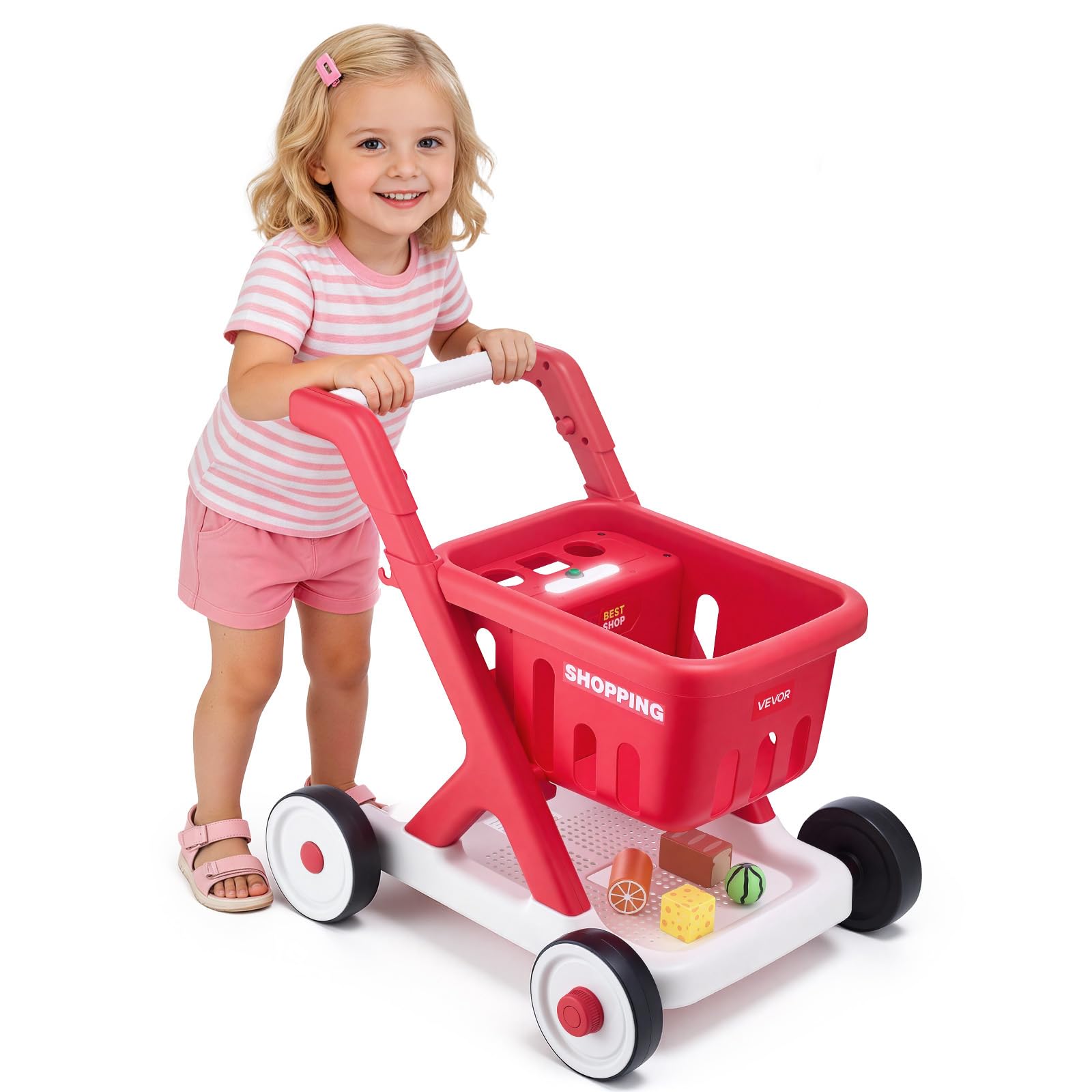 VEVOR Carrello della Spesa Giocattolo per Bambini, Carrello Supermercato Giocattolo, Scan e Sort con Alimenti Finti, Luci e Suoni, Altezza Regolabile, Gioco di Ruolo Supermercato per Bambini da 2 Anni