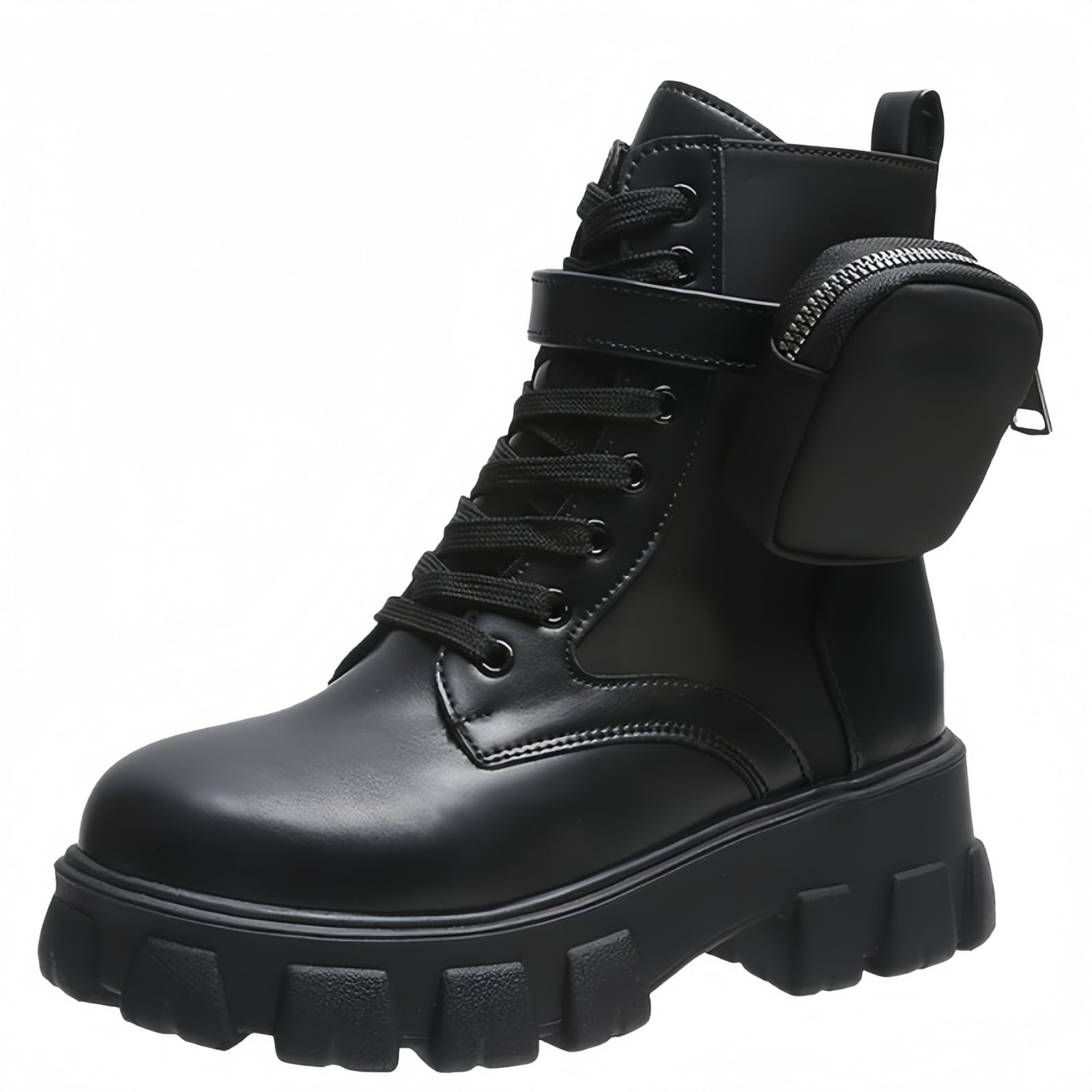 Donna piattaforma Lace-Up stivali da combattimento rotondo chiuso dita tacco basso caviglia stivali corti con tasca tasca tacco medio spessa suola Punk moto autunno inverno stivali
