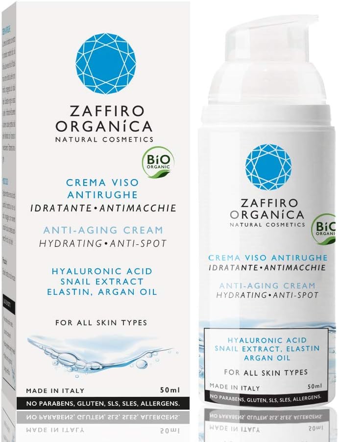 Zaffiro Organica Snail Slime Anti Ageing Organic Face Cream with Argan Oil Hyaluronic Acid Elastin| Hydrating Lifting & firming Skin Care Treatment for fine lines & Acne |Men & Women Day & Night 50ml