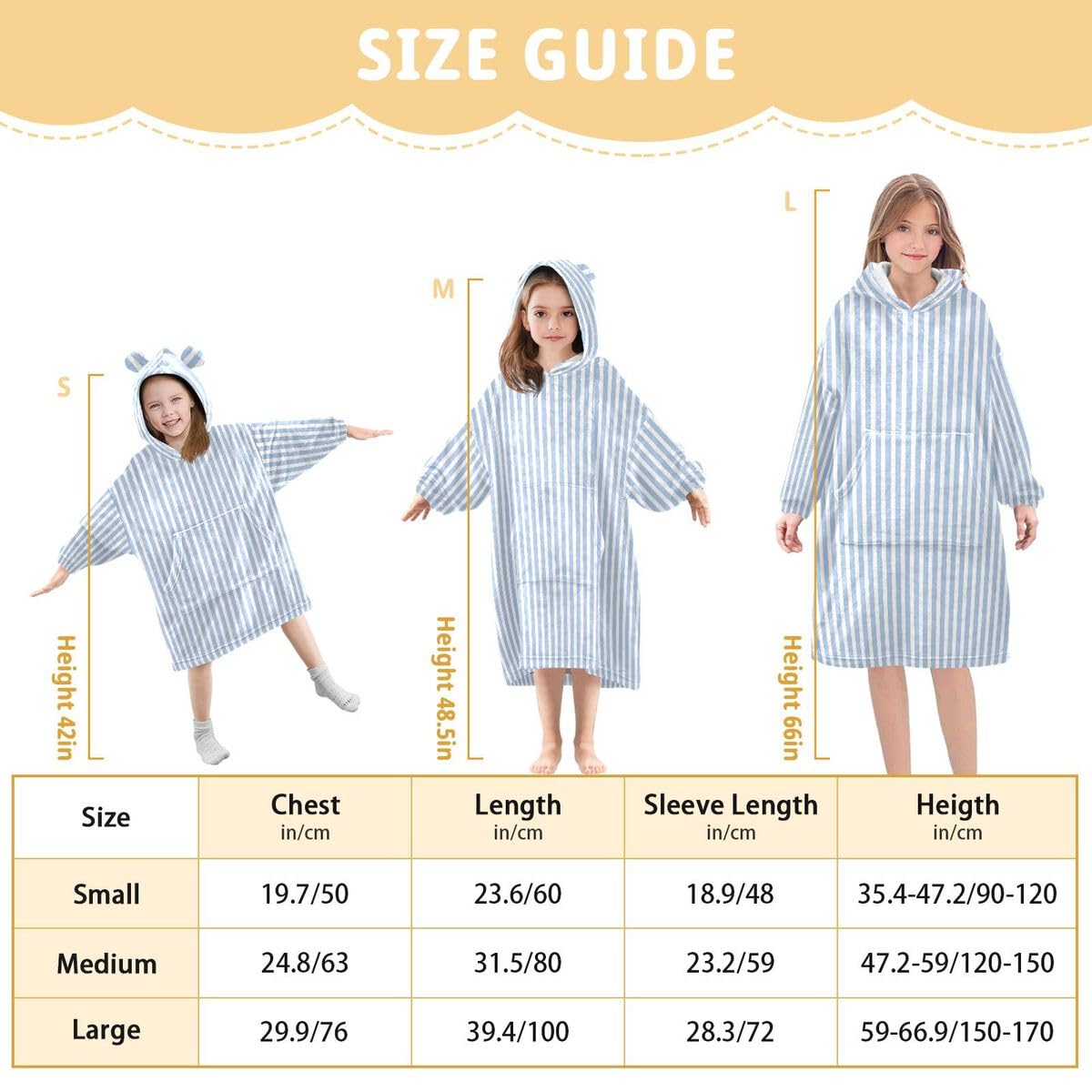 Niebieski lniany koc w paski dla dzieci do noszenia bluza z kapturem oversize bluza koc sweter geometryczny dla chłopców i dziewcząt w wieku 3-14 lat