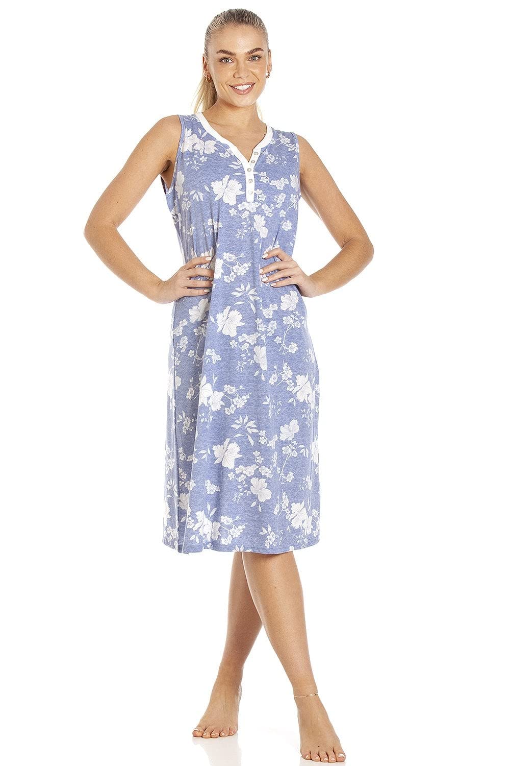 Camille Women's Blue Sleeveless Floral Nighties For - Below-The-Knee Nightie With Button-Front Fastening - Comfortable & Breathable Nightdress 18-20
