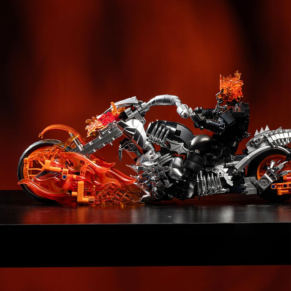 Hero Ghost Knight Klemmbausteine ​​Technik, Kreatives Motorrad Stunt Man Modellbausteine, Flame Skull Man Cooles Fahrzeug Spielzeug Geschenk für Erwachsene