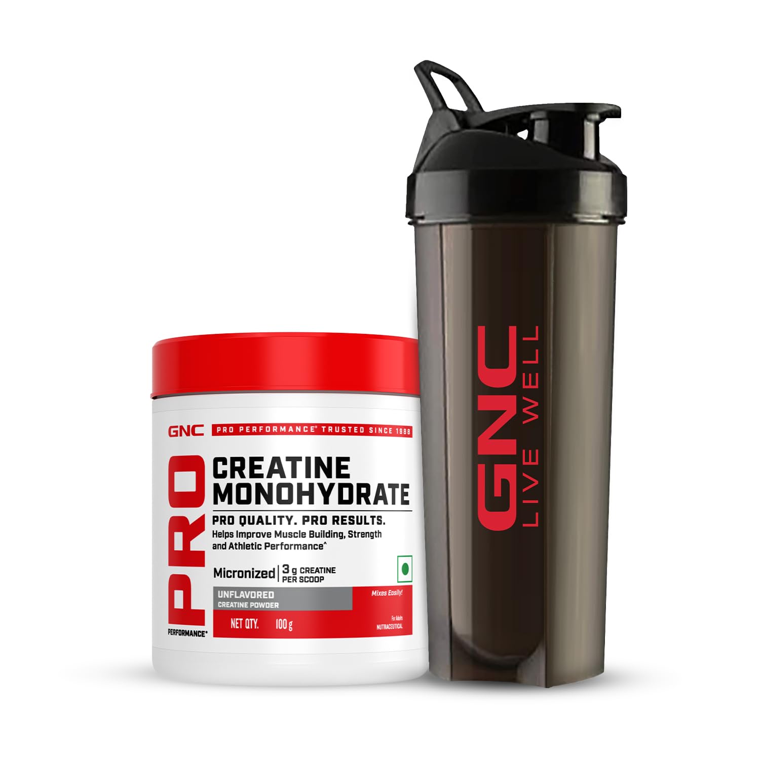 GNC Pro Performance Creatine Monohydrate with Black shaker - 3000mg Creatine Per Scoop | Micronized for Faster Absorption | Boosts Energy, Muscle Volume & Performance | Gluten-Free | Unflavored | 100gm