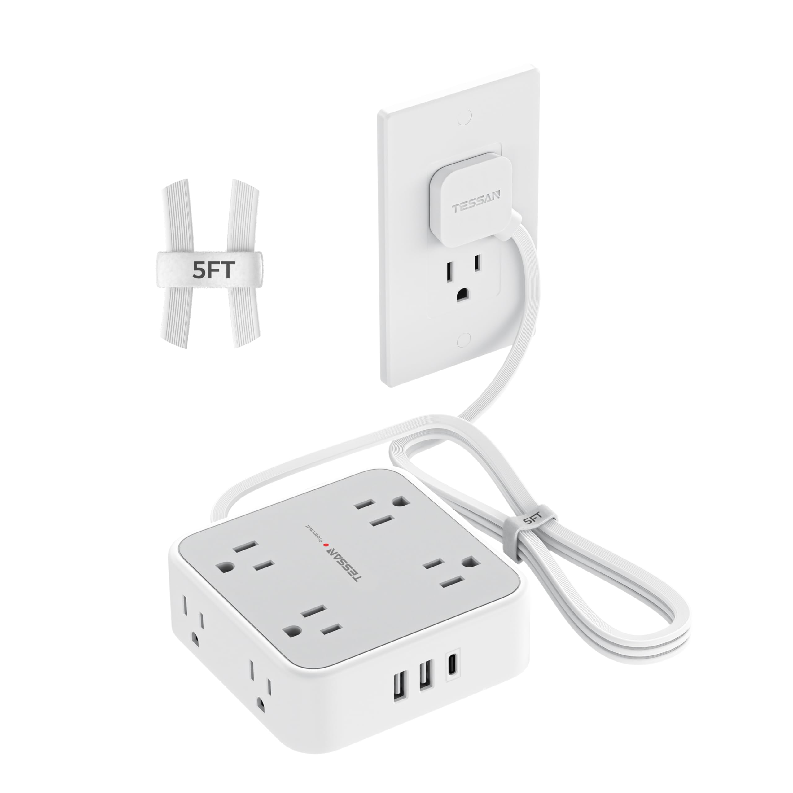 Flat Plug Power Bar, TESSAN 5 Ft Extension Cord Indoor with 8 Multi Outlets and 3 USB (1 USB C), Surge Protector Power Strip, Wall Mount Charging Station for Home Office Dorm, Gray - 2