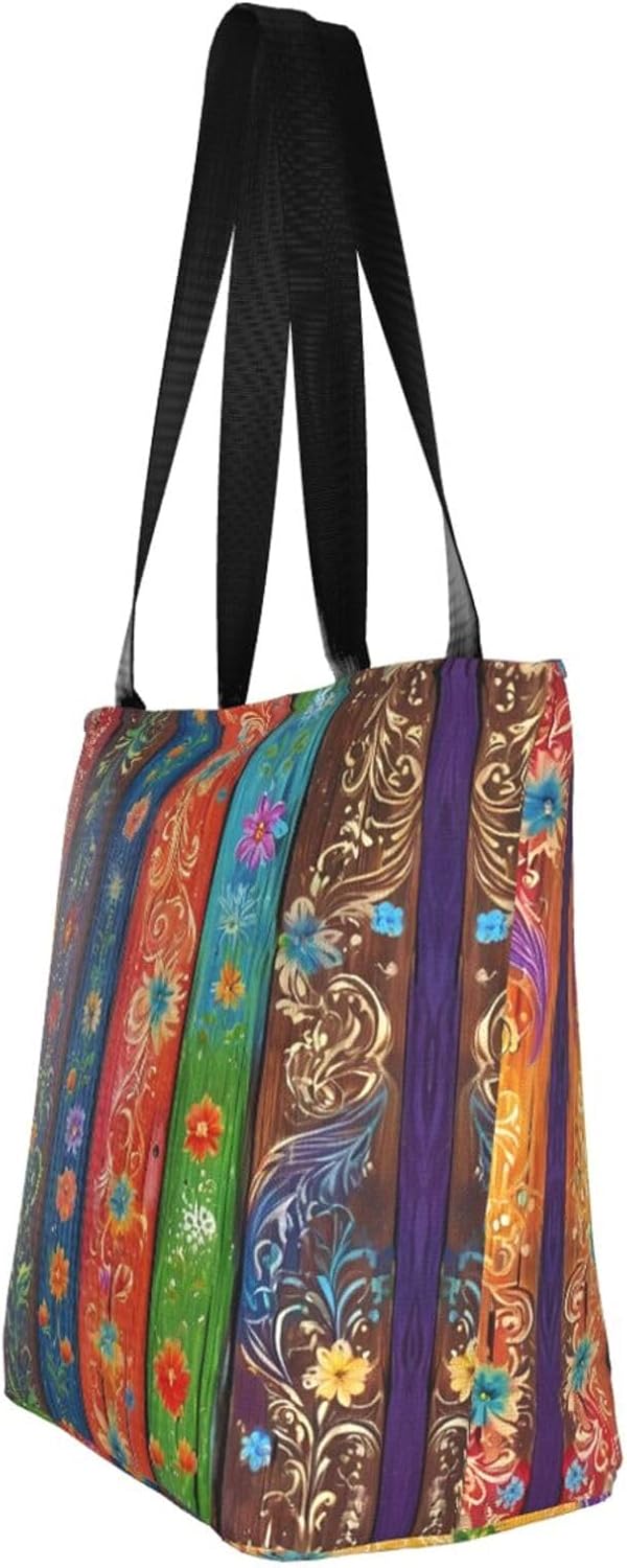 Colorful Wood Board Print Comfortable Summer Shoulder Bag Canvas Tote Travel Beach Hiking Shopping Weekend