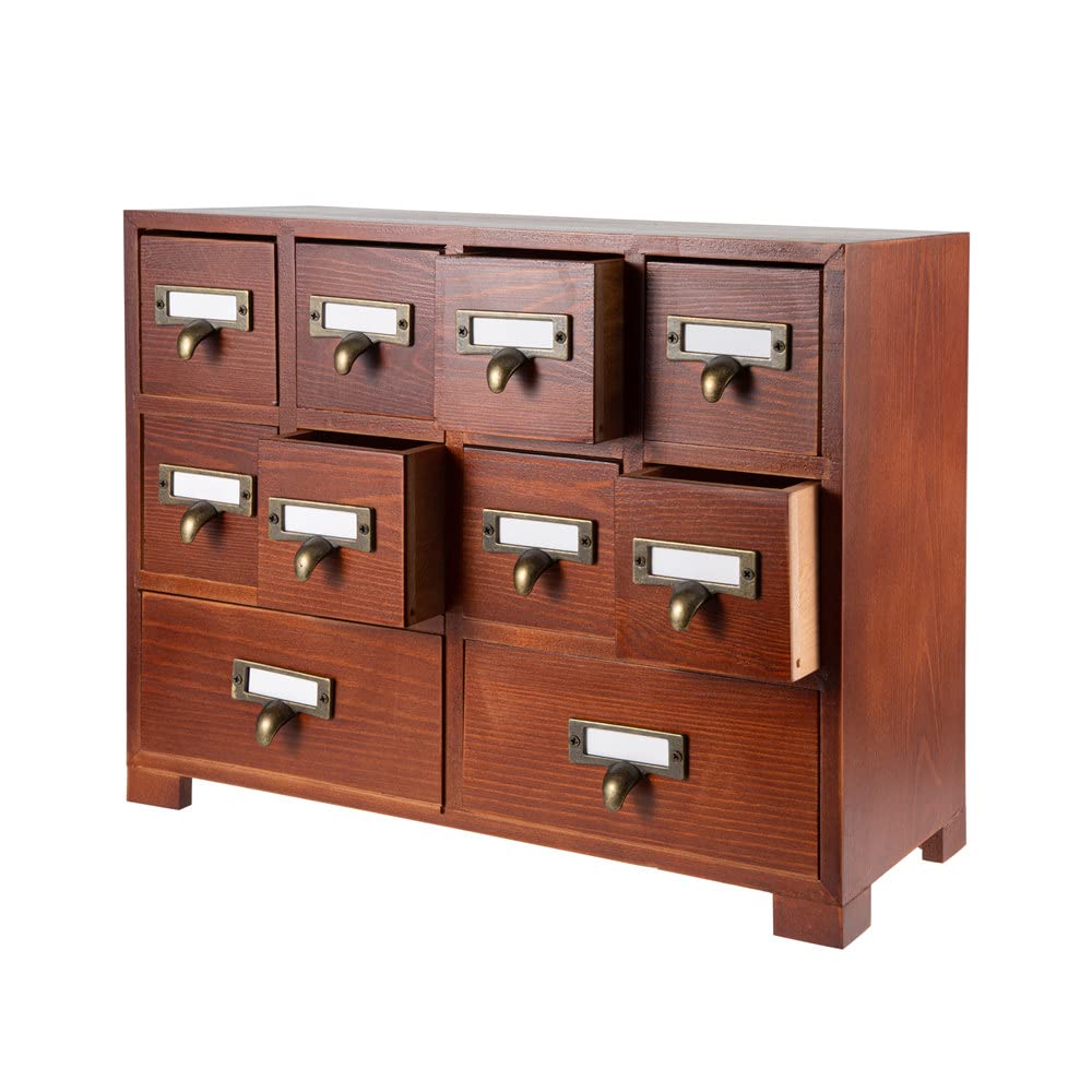 PACKGILO Apothecary Cabinet with 10 Drawers & Labels Rustic Library Card Catalog Cabinet Desktop Wooden Storage Box for Organize Herbal?Tea Bag?Jewelry (Brown)