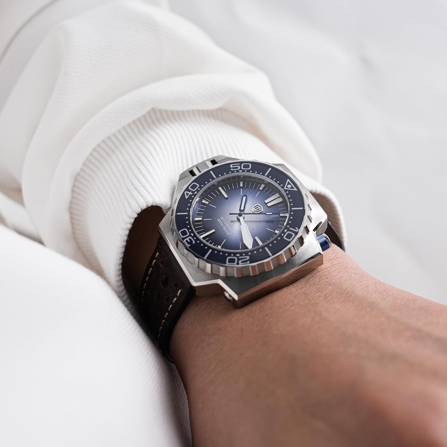 watchdives WD1968 - Orologio subacqueo da uomo, PT5000 PT5004, automatico, 49,8 mm, vetro zaffiro, BGW9, luce blu, impermeabile, con cinturino in pelle