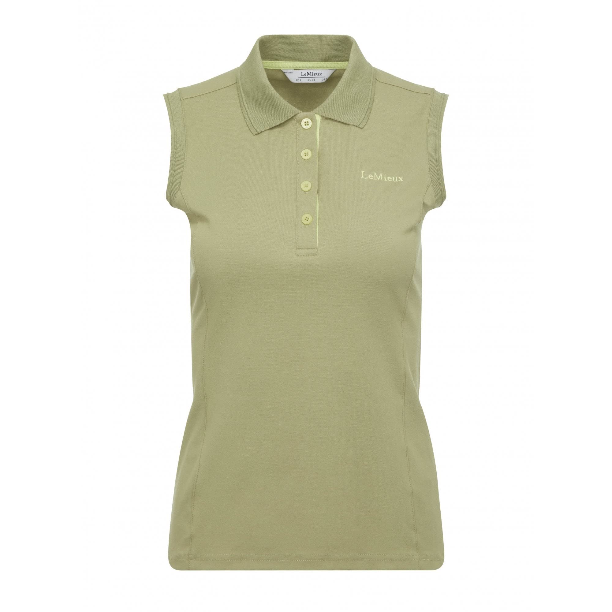 LeMieux Sleeveless Polo Shirt in Moss - Flattering Slim Fit Button Up Activewear - Women's Sleeveless Top - Quick Dry Fabric - Vented Hem - UK 6