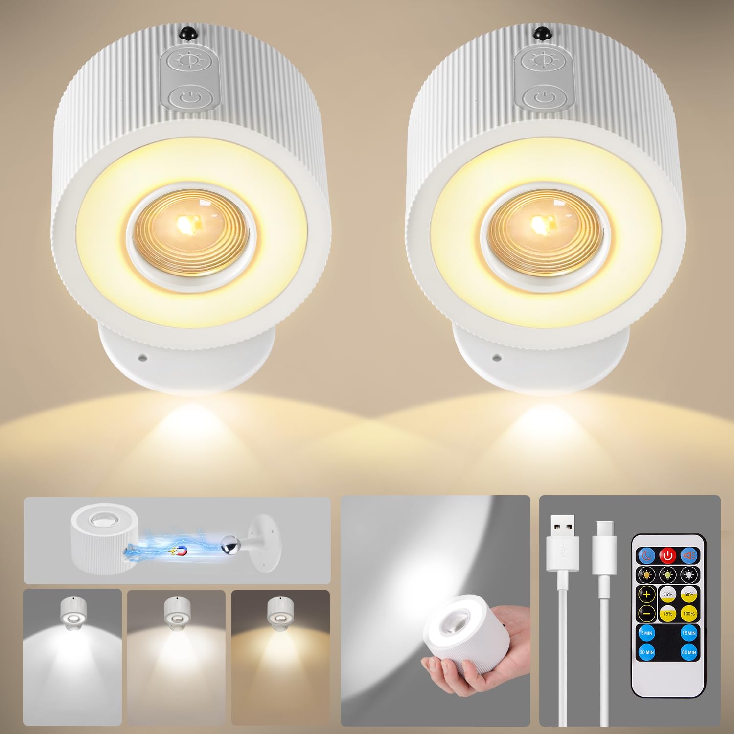 milfra 2 Piezas Apliques Pared Interior,Lámpara de Pared LED con Puerto de Carga USB Control Táctil,3 Temperaturas y Brillo Ajustable Lámparas de Pared Inalámbricas para Lectura de Cabecera,Blanco