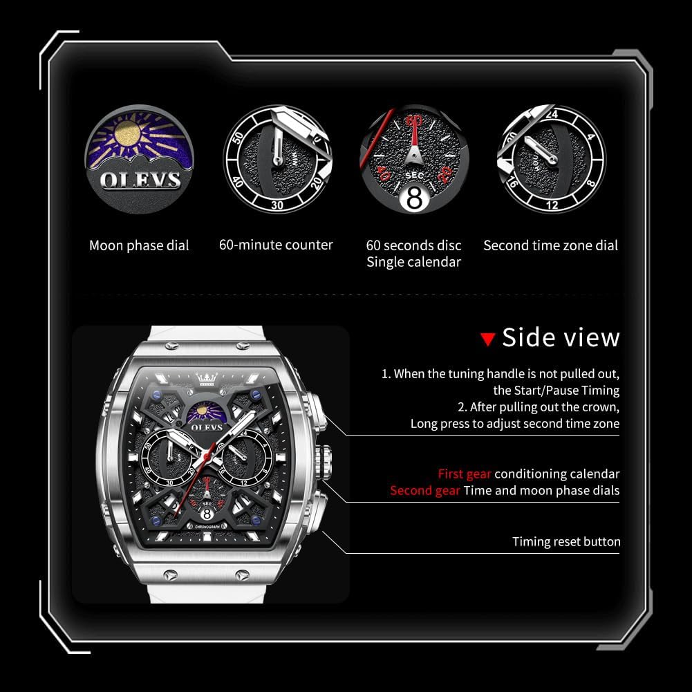 OLEVS Watches for Men Business Diamond Moon Phase Male Watch Chronograph Fashion Dress Waterproof Date Analog Quartz Waterproof SiliconeMen Wrist Watch