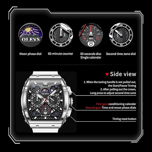 Miniatura 6 de OLEVS Tonneau - Relojes cuadrados para hombre, reloj de pulsera de silicona de cara grande para hombre, cronógrafo multifuncional, reloj impermeable