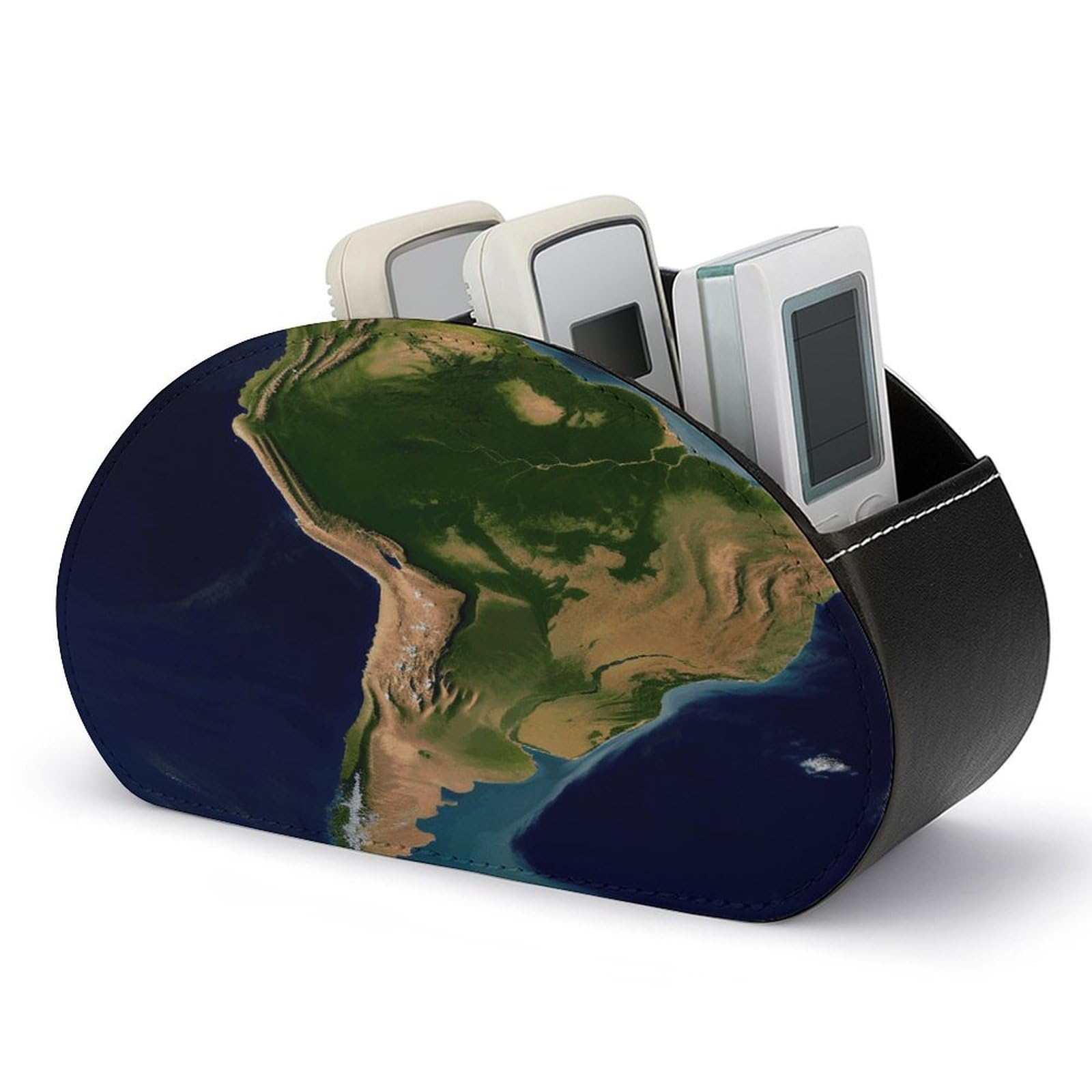 FekiLoot South America Satellite Image Remote Control Holder, PU Leather Remote Control Organizer Box Stationery Remote Control Box Desk Storage Organizer for DVDs,Glasses,Pens,Media Players