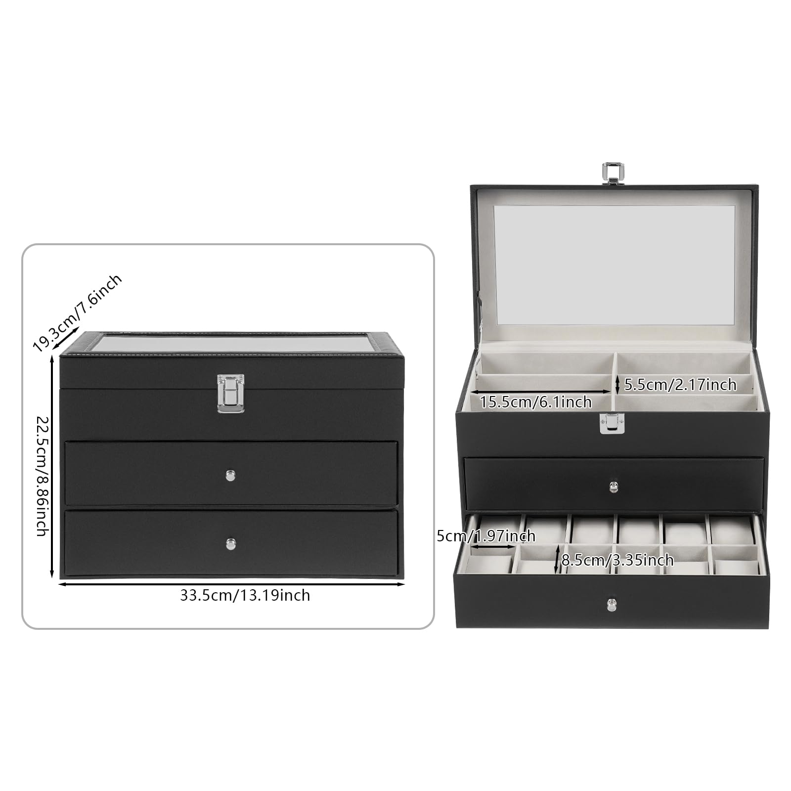 Caja para relojes con 24 compartimentos, caja para gafas, caja de reloj de 3 pisos con tapa de cristal, 12 relojes, 12 gafas, caja de almacenamiento con cajón, resistente al polvo, piel sintética