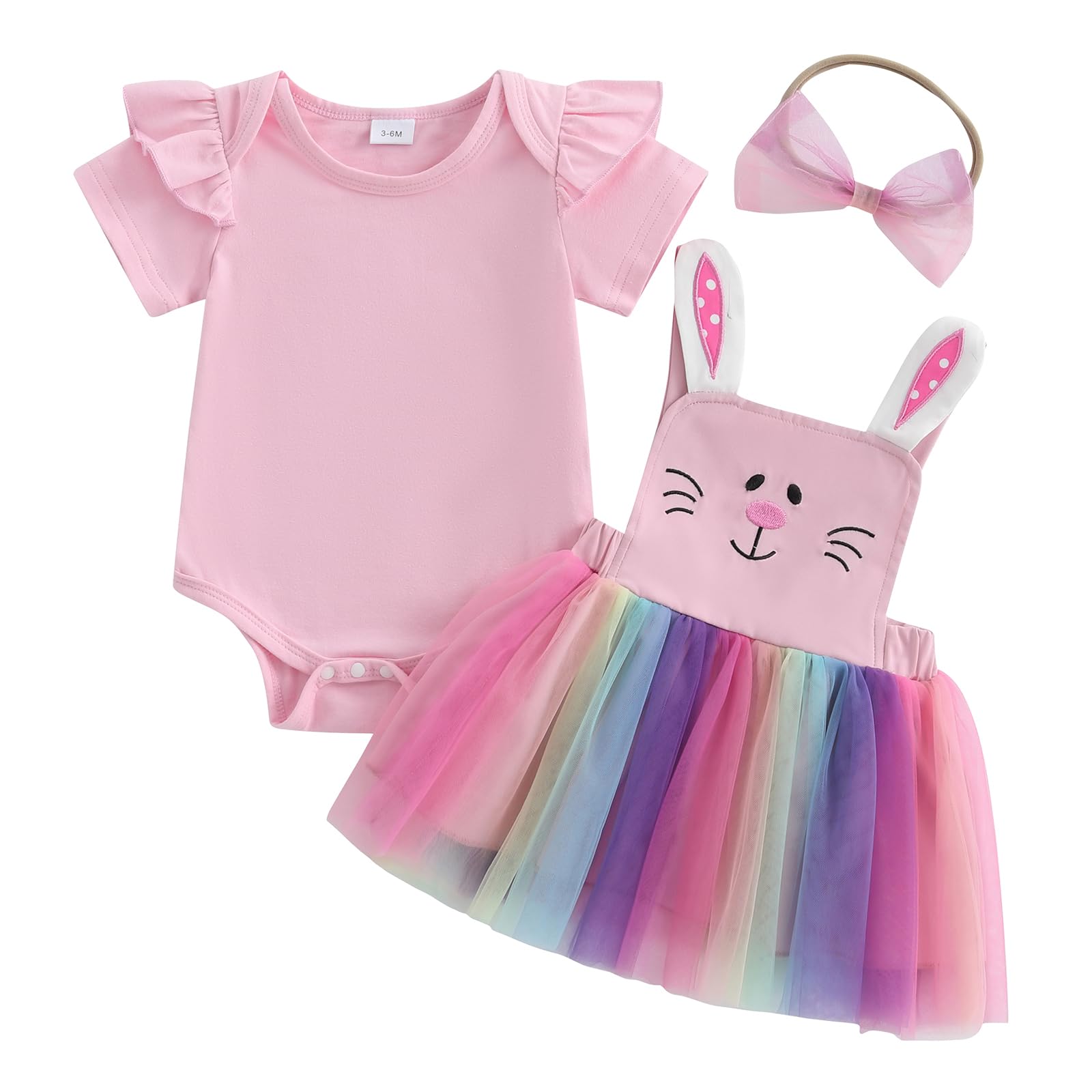 Rourufy Aby Girl Easter Outfit Newborn Romper Overalls Skirt Set Infant Summer Tulle Tutu Dress Toddler Bunny Ear Clothes (A Pink, 3-6 Months)