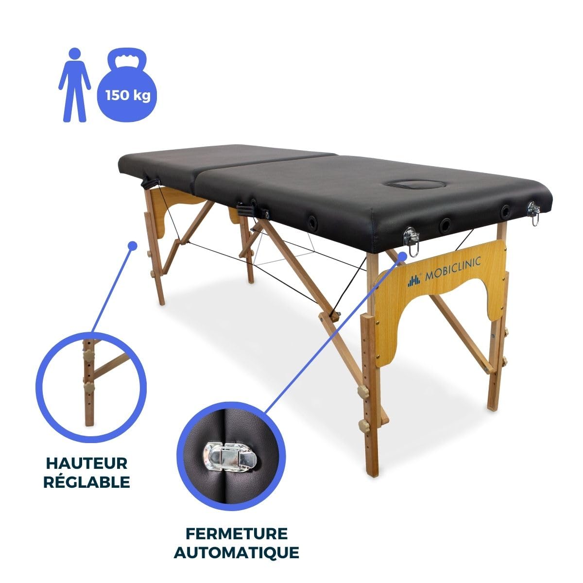 Mobiclinic®, Table de Massage Pliante, Portable, CM-01 Basic, 180x60 cm, Bois et Similicuir, 2 Zonas, Marque Européenne, Hauteur Réglable, Système Verrouillage, Supporte 150 kg